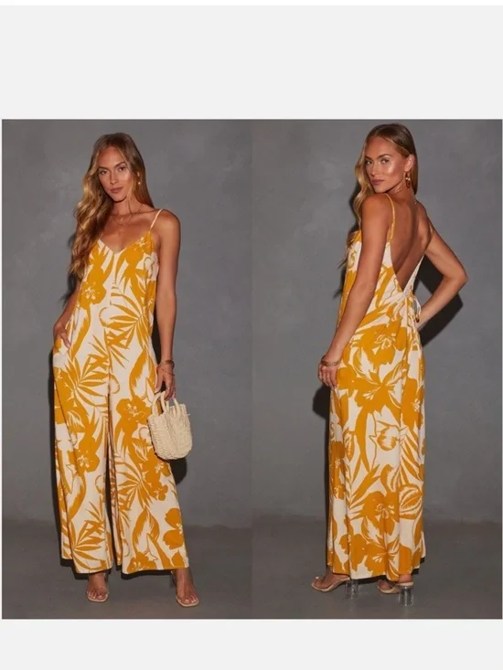 Vici Yellow Floral Wide-Leg Jumpsuit with Open Back - S - Picture 1 of 6